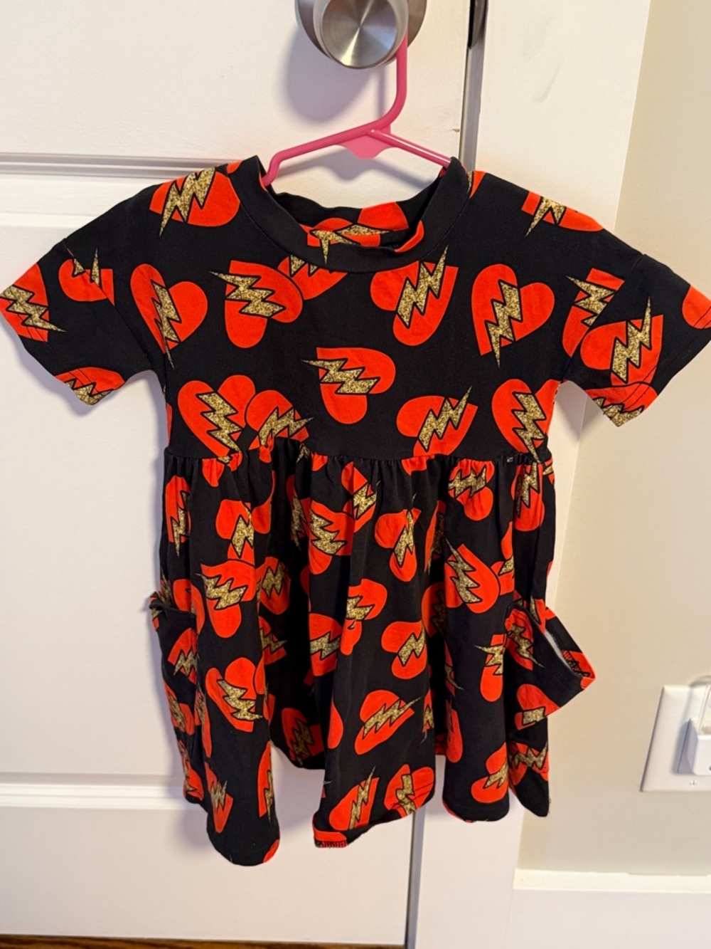Kids Black Dress with Red Heart & Gold Lightning Motif